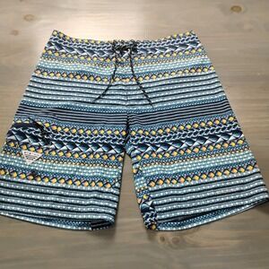 Columbia PFG Board Shorts Mens 36 Blue Yellow Geo Pattern Swim Tie Front Fishing